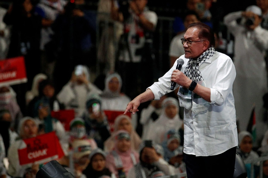 Malaysian Prime Minister Anwar Ibrahim delivers his speech during a solidarity gathering to show support for Palestinians amid escalating conflict between Israel and Hamas in Kuala Lumpur, Malaysia, on October 24, 2023.